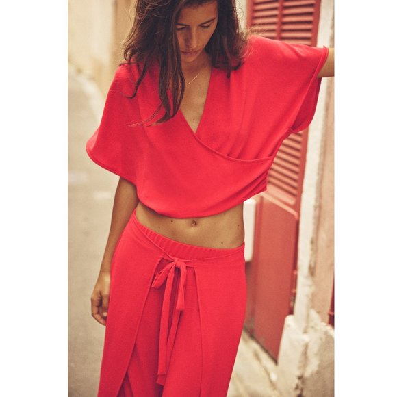 BLOGGER'S FAVE! Zara 2 Piece Red Pants And Wrap Top Set NWT - Picture 6 of 16